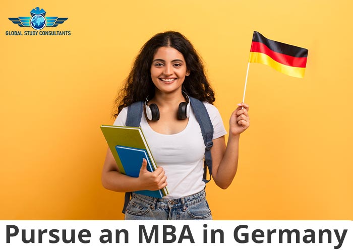 Indian female college student holding a German flag and notebooks